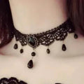 Small Hours Lace Choker, narrow black lace choker with small black jewel and teardrops