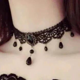 Small Hours Lace Choker, narrow black lace choker with small black jewel and teardrops