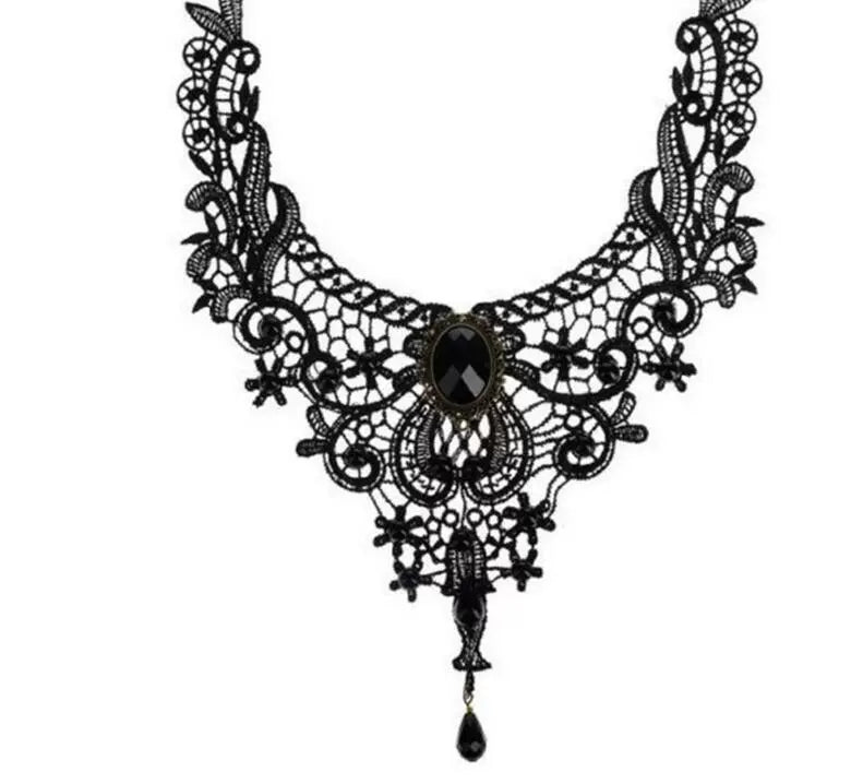 Cathedral Lace Bib Necklace, black lace bib necklace with black jewel and drop